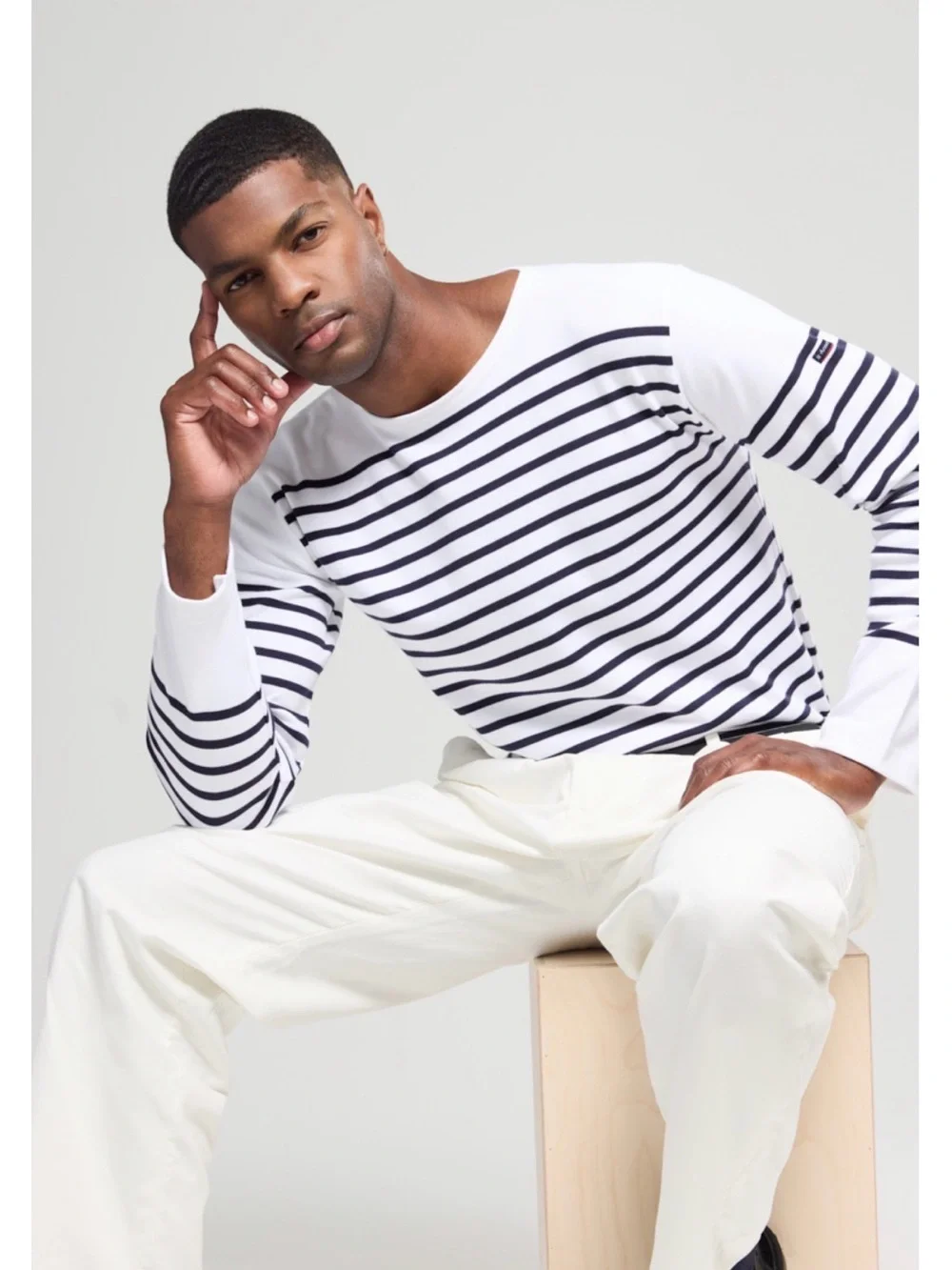 Armor-Lux Amiral Breton Stripe Long Sleeve Shirt XL White Navy 100% Cotton